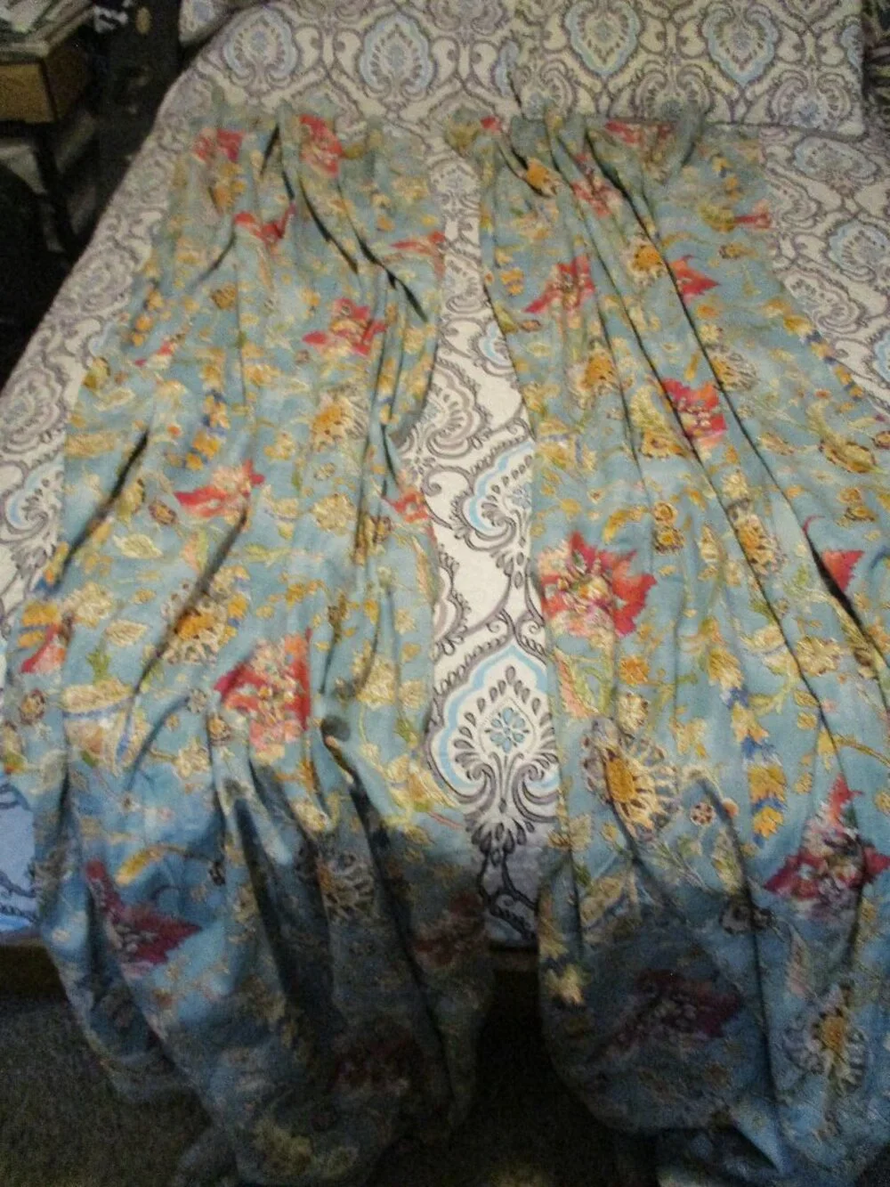 Genevieve Aqua Floral Cotton Sleeve Top Curtains Set Of 2 panels 48 x 96